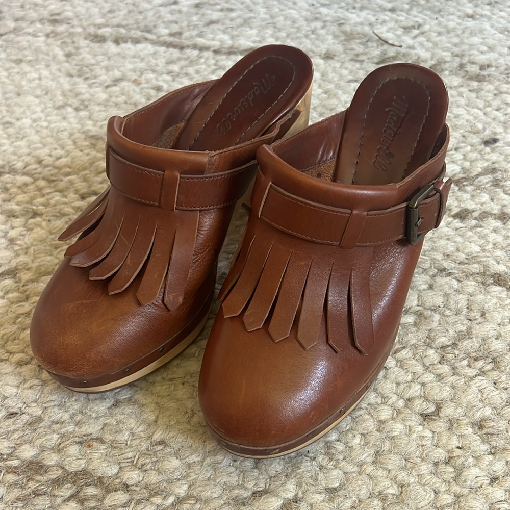 Madewell Classic Kiltie Fringe Clogs Brown Leather Wood Heels #F5052 Size 8.5